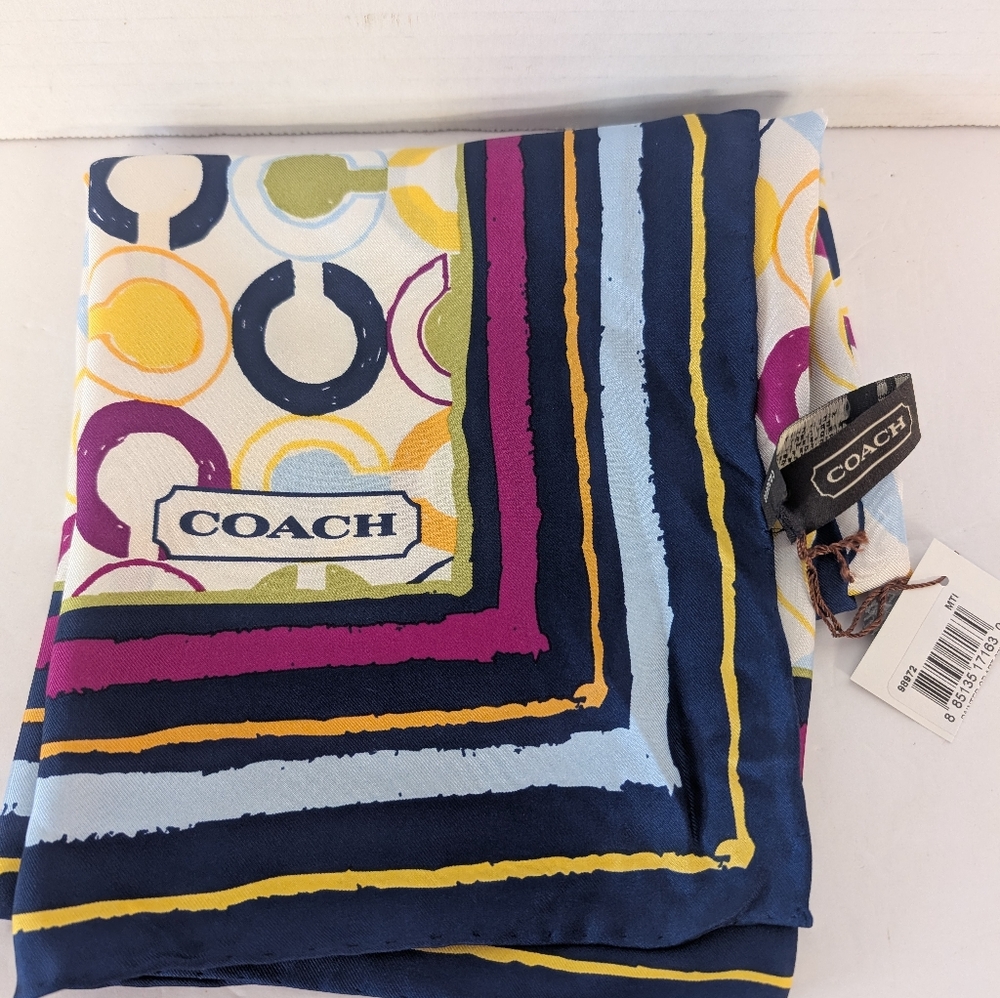Coach Multicolor Circle & Stripe Silk Scarf in Navy, Yellow, Pink - Picture 3 of 4